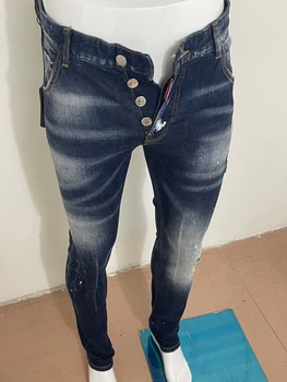 2023 новые джинсы мужские, выстиранные, синие, облегающие ноги, повседневные, с большим значком, модные