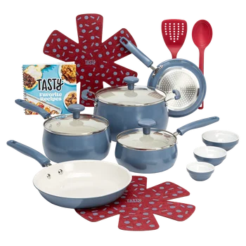 Вкусный Чистый керамический набор посуды из алюминия с антипригарным покрытием, 16 предметов, шиферно-синий