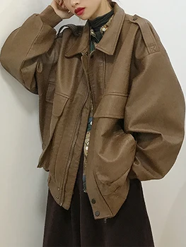 Зимняя черная кожаная куртка Оверсайз, женская Корейская уличная одежда, винтажная байкерская куртка из искусственной кожи на молнии, Женское осеннее теплое свободное пальто с карманами