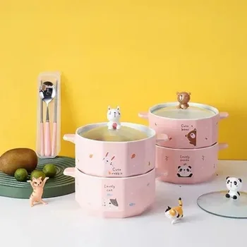 Керамическая Миска, Милая Миска для лапши быстрого приготовления Рамен, Кавайная Японская детская коробка для ланча Бенто с контейнером для посуды