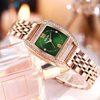 Модные женские кварцевые часы с ремешком из розового золота и зеленым цветом, украшенные бриллиантами, Элегантные Женские наручные часы Montre Femme