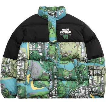Мужская Зимняя парка с цифровой печатью на карте, Сращивание, подбор цвета, Утепленное теплое пальто, Новая Корейская Свободная куртка в стиле хип-хоп с буквенным принтом