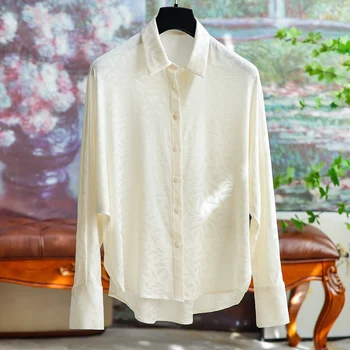 Сатиновая Жаккардовая Шелковая блузка Sangbo Женская рубашка с рукавом 