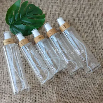 Стеклянная бутылка с бамбуковой крышкой, прозрачная стеклянная бутылка для лосьона с распылителем, контейнер для макияжа и ухода за кожей